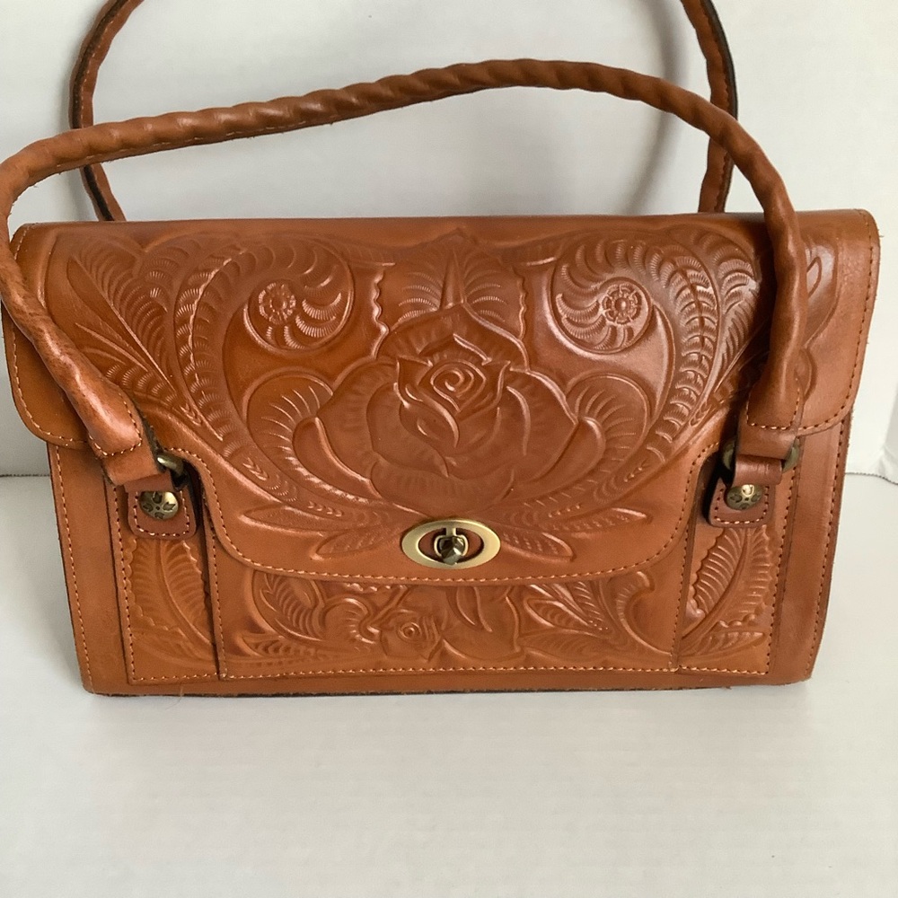 Patricia Nash Tooled Leather Satchel Handbag Sanabria Fold Over Rose Floral